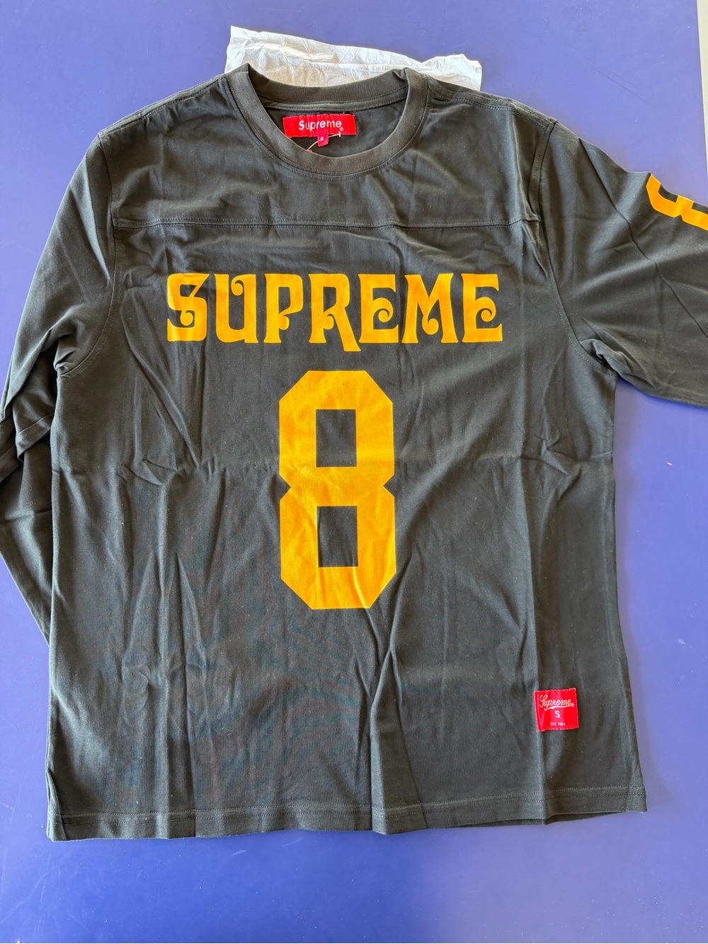 Supreme Black Long Sleeve Tee with Gold '8' and Logo